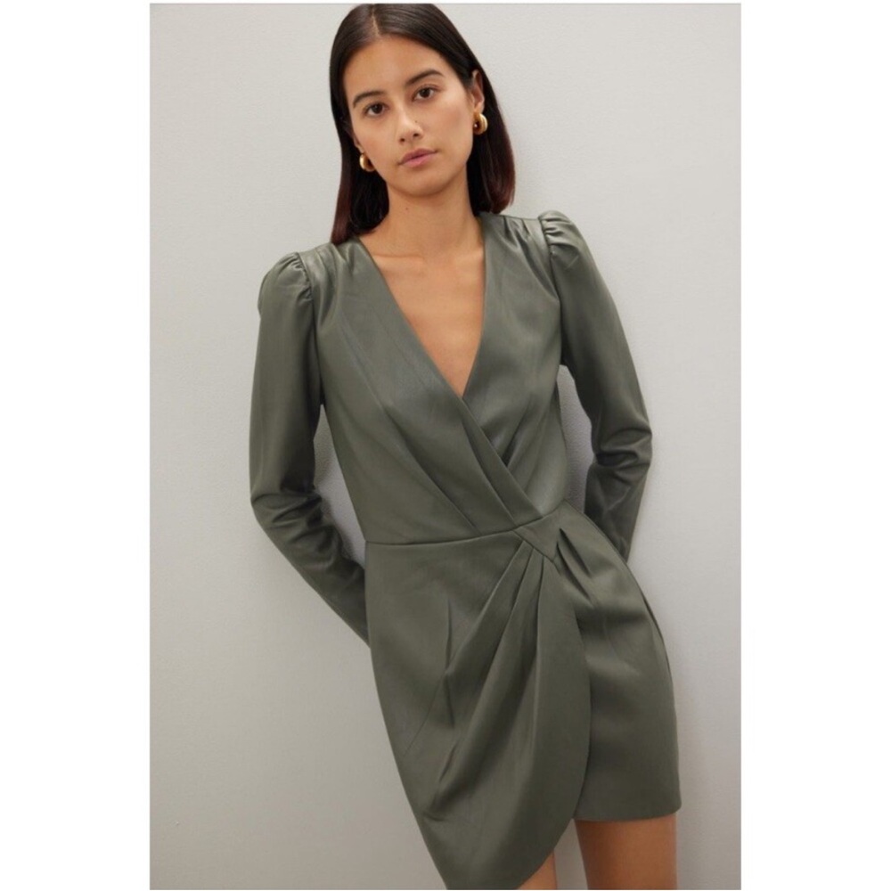 Saylor Veronicka Wrap Long Sleeve Chic Green Leather Mini Dress XS